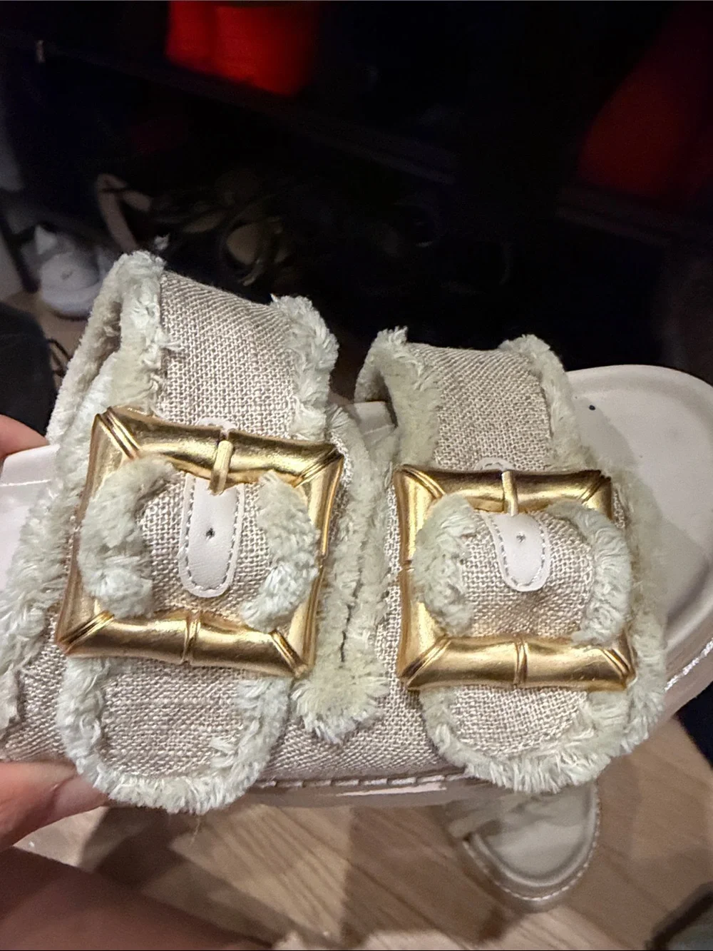 Slide Sandals with Gold Buckles in Beige